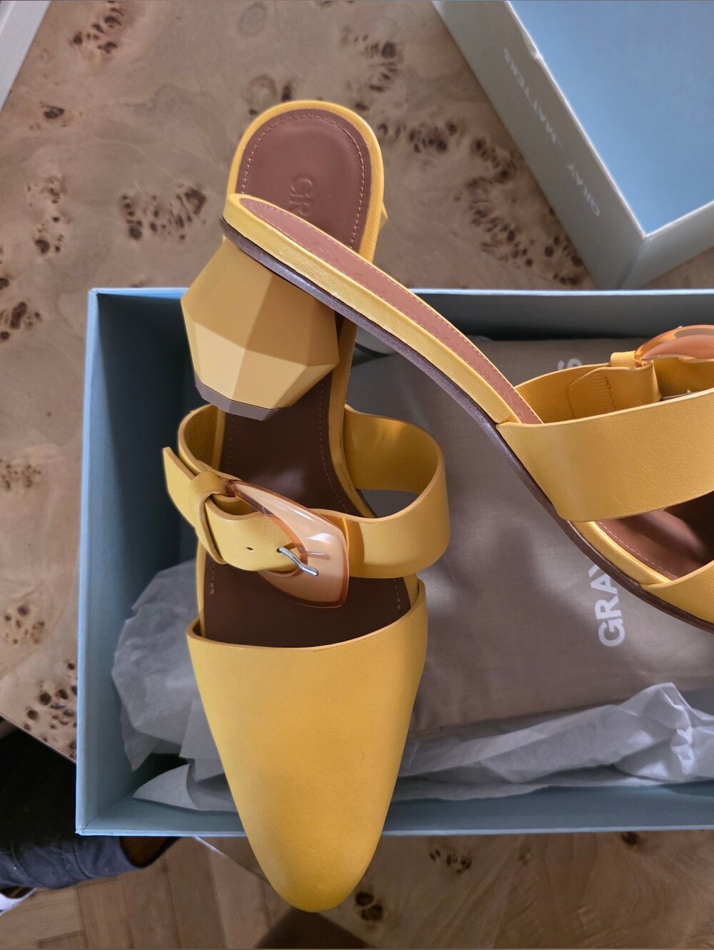 Gray Matters Yellow Buckle Geometric Heel Mules